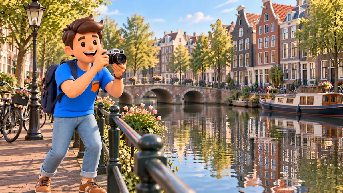Illustration thématique d’un voyageur avec appareil près d’un canal imaginaire d’Amsterdam et de maisons reflétées