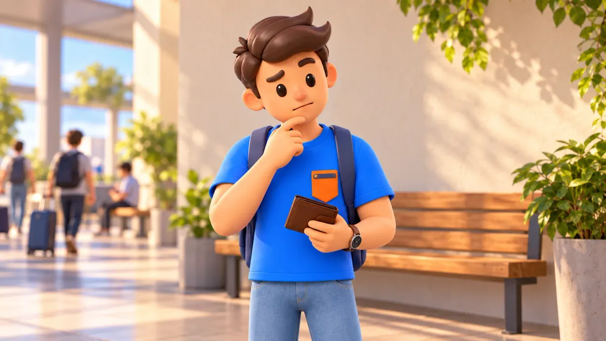Traveller considering transport payment while holding a closed wallet