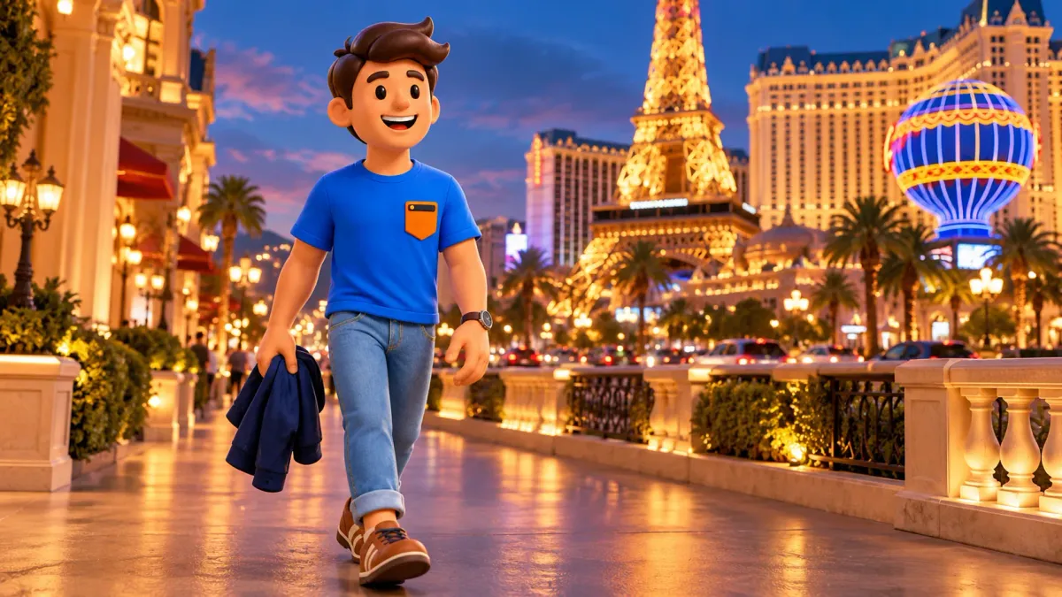 Персонаж гуляет вечером на фоне огней Paris Las Vegas