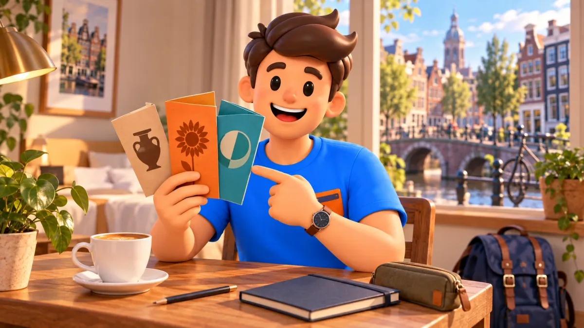 Illustration thématique d’un voyageur choisissant entre trois brochures symboliques de musées dans une chambre imaginaire