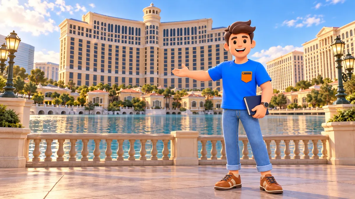 Figur mit Notizbuch vor dem Bellagio und seinem See bei Tageslicht