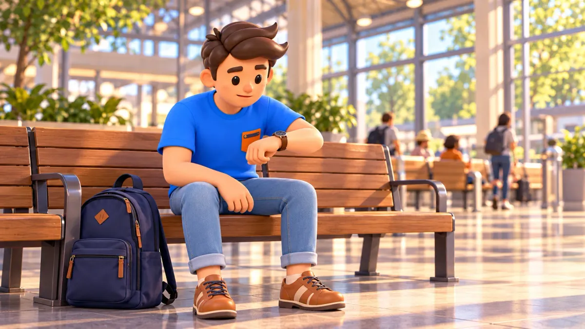 Traveller checking a watch in a waiting hall