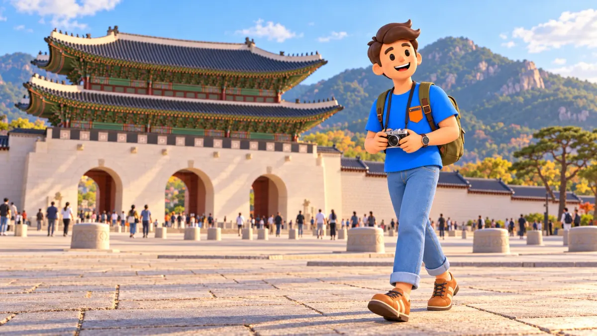 Personaje con cámara empezando un paseo junto a la puerta Gwanghwamun