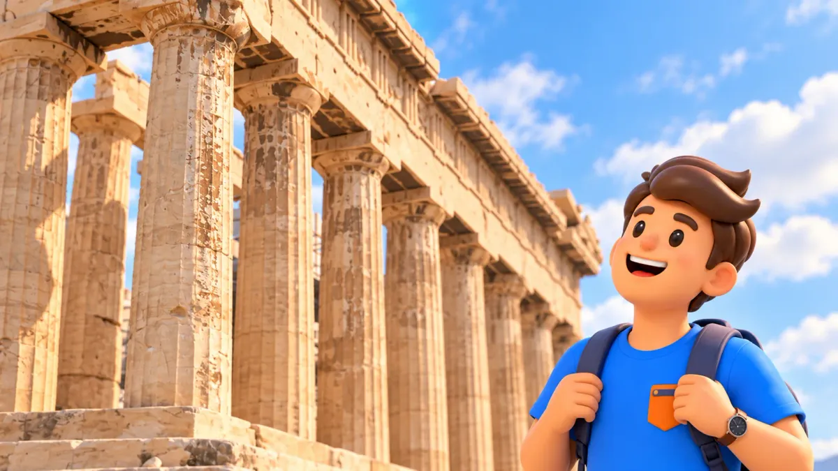 Traveller looking at a Parthenon colonnade detail adapted from a 2025 photograph