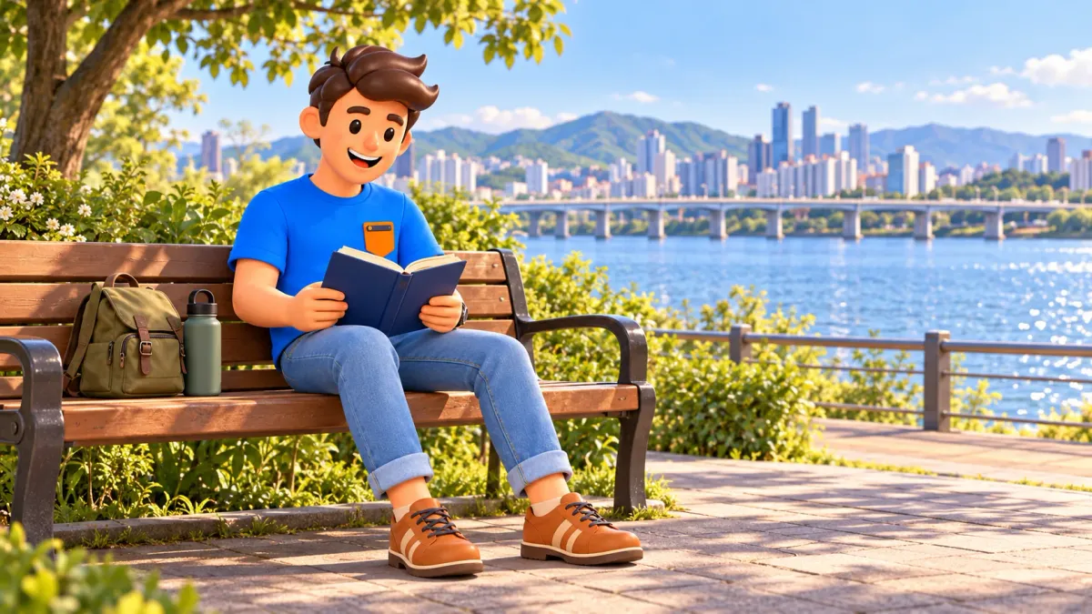Personaje leyendo un libro de viaje en un banco junto al Hangang