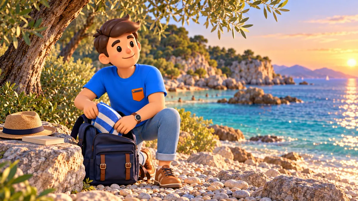 Traveller packing a beach towel beside a quiet Mediterranean cove