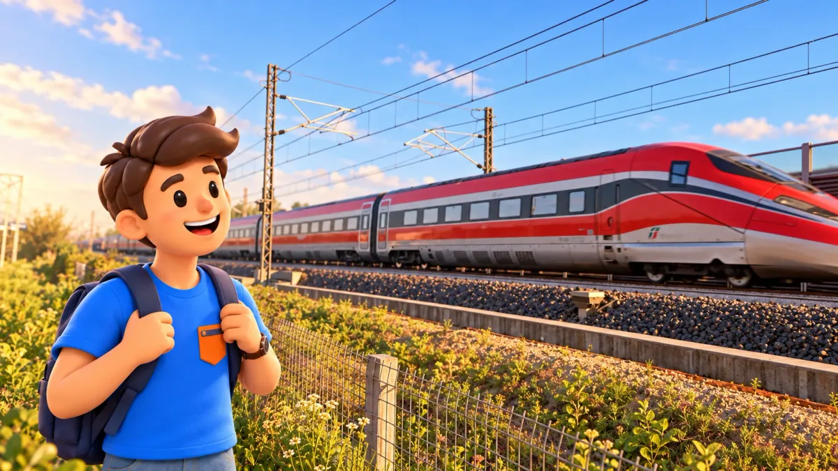Voyageur regardant un Frecciarossa derrière la clôture, d’après une photo réelle