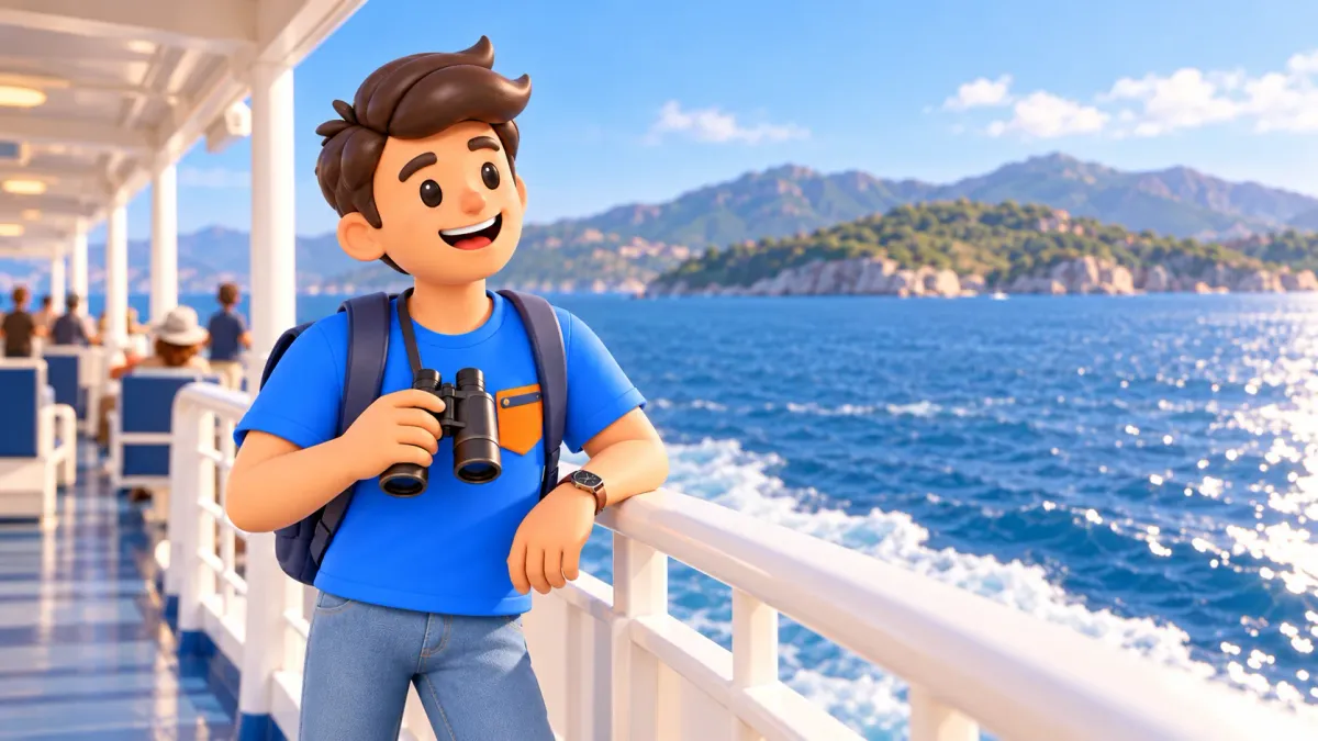 Voyageur avec des jumelles sur le pont extérieur d’un ferry