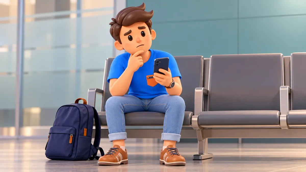 Reisender prüft sein Smartphone in einem allgemeinen Wartebereich