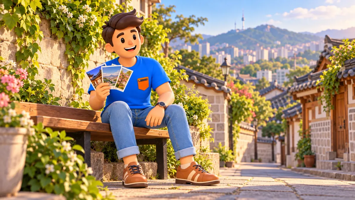 Voyageur avec des cartes postales sur un banc entre des maisons coréennes