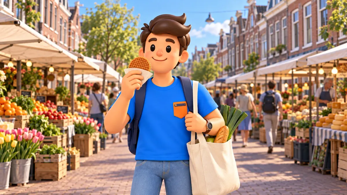 Thematic illustration inspired by Albert Cuyp Market, with a traveller holding a stroopwafel and shopping bag