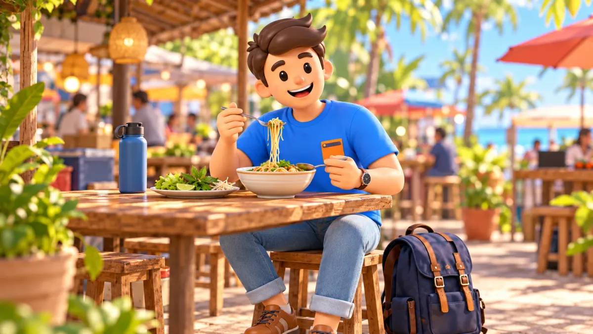 Voyageur dégustant un repas simple dans un petit restaurant