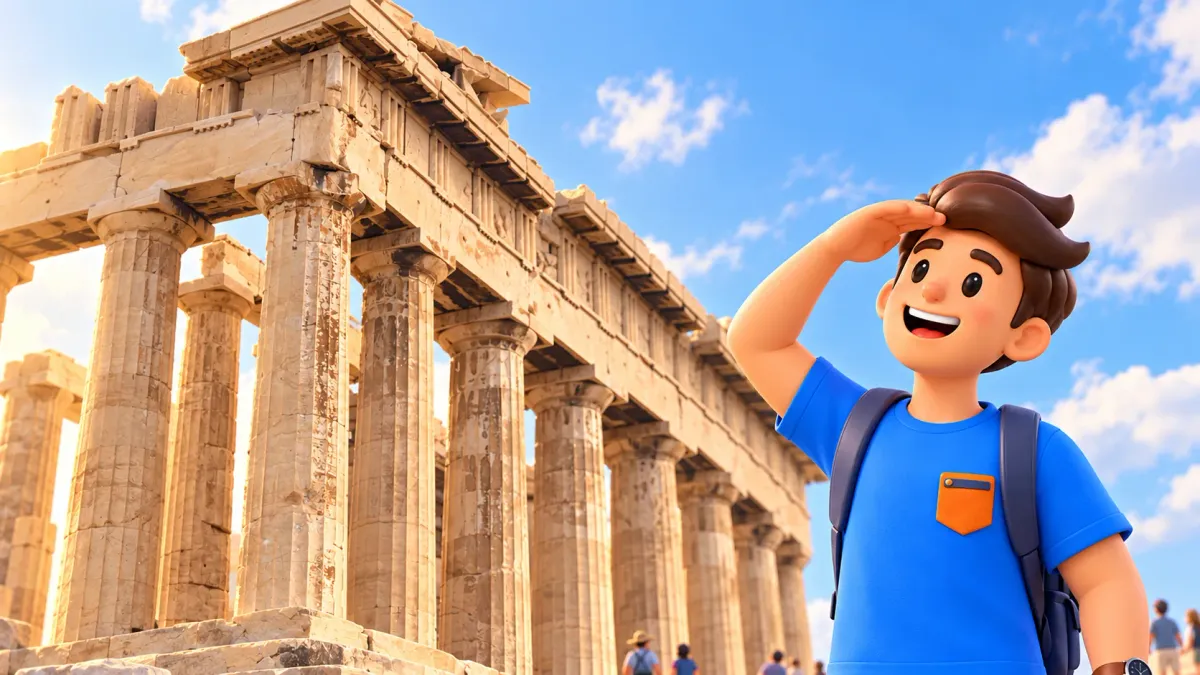 Reisender betrachtet ein nach einem Foto von 2025 gestaltetes Parthenon-Detail