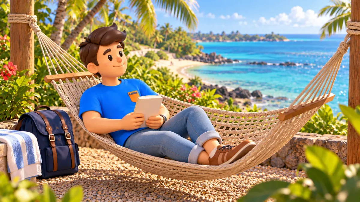 Traveller relaxing with a book in a hammock near a tropical coast