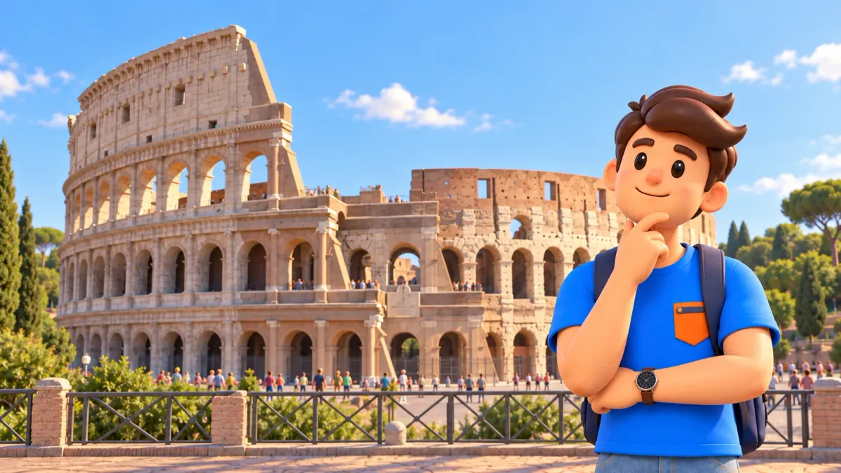 Traveller in front of the Colosseum adapted from a real 2016 photograph