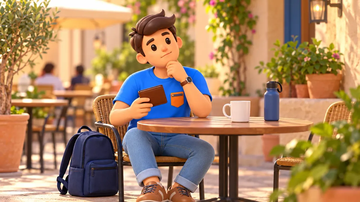 Traveller considering payment preparation with a closed wallet