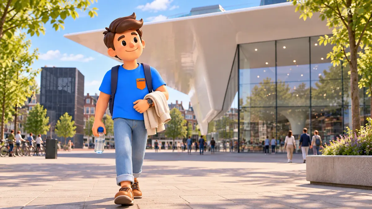 Illustration inspirée du Stedelijk, avec un voyageur marchant avec de l’eau et une veste pliée après une visite