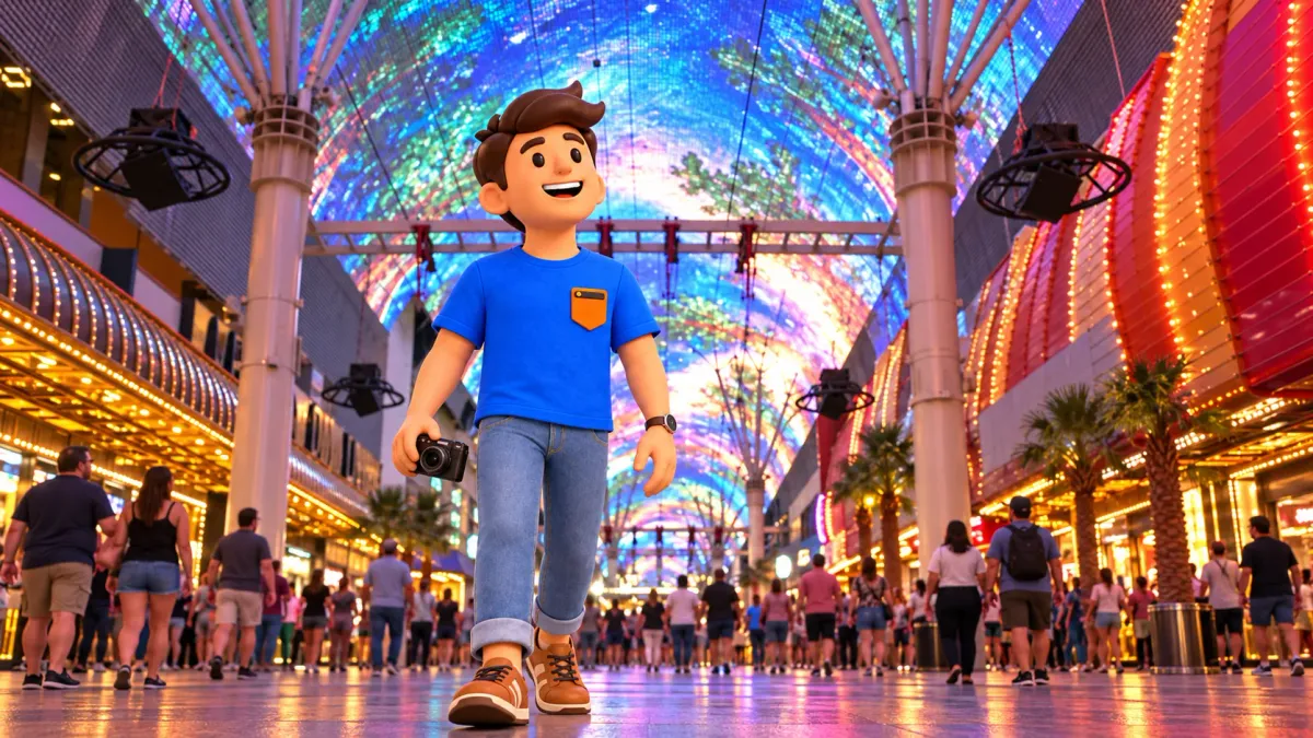 Character walking with a camera under the Fremont Street light canopy