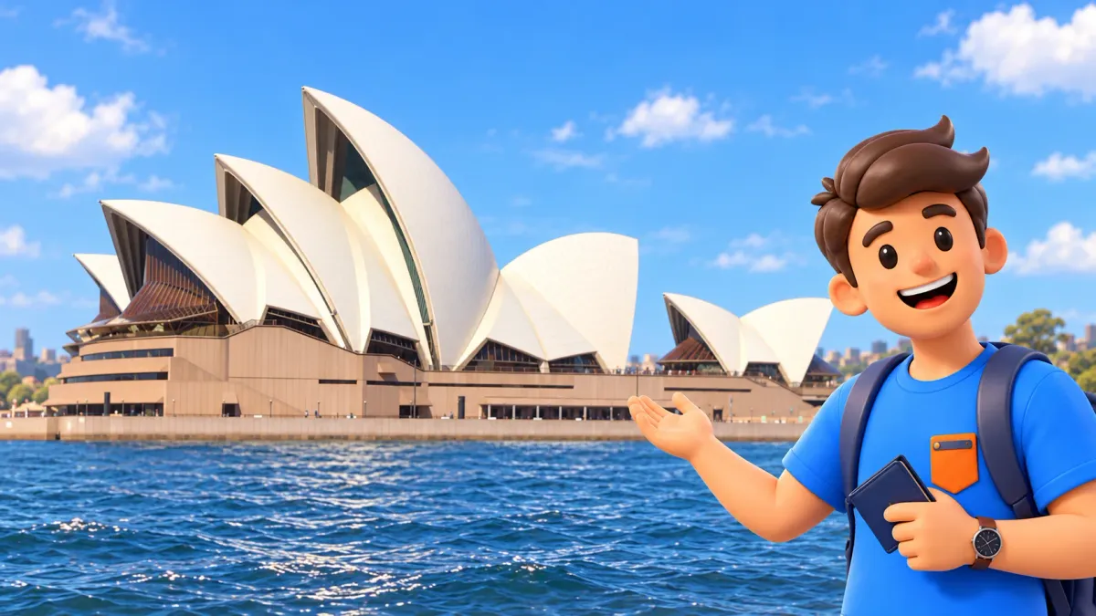 Traveller by the Sydney Opera House adapted from a 2017 photograph