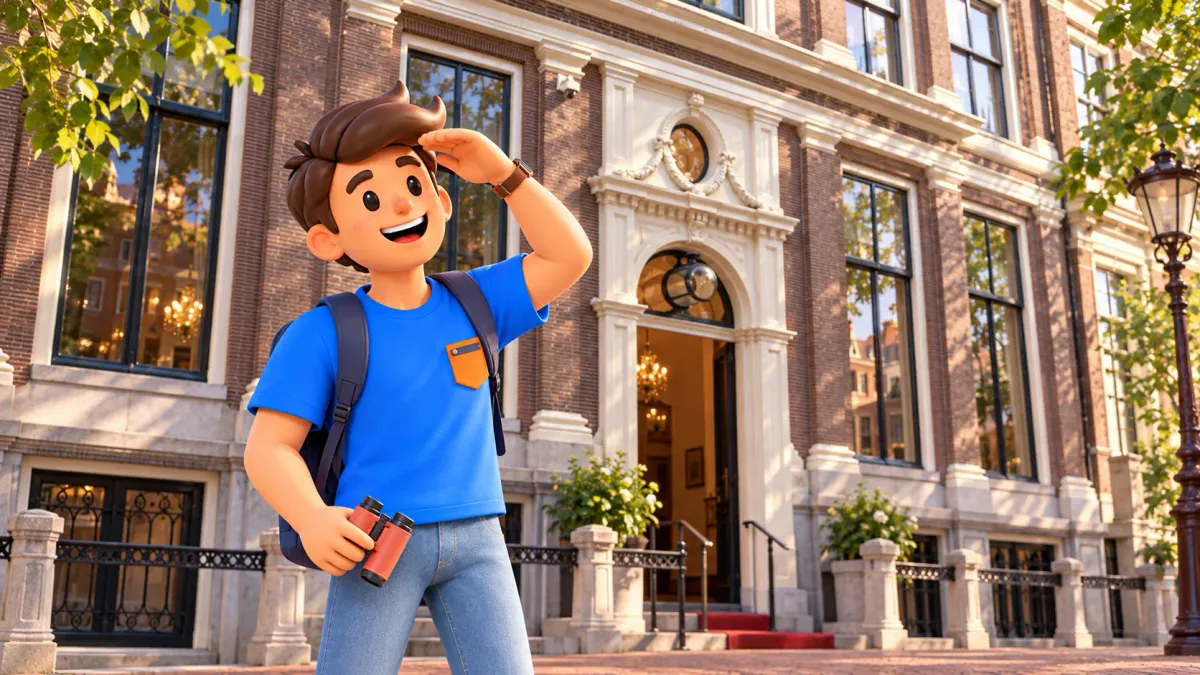 Illustration inspired by the Museum of the Canals facade, with a traveller holding binoculars and looking up at architectural details