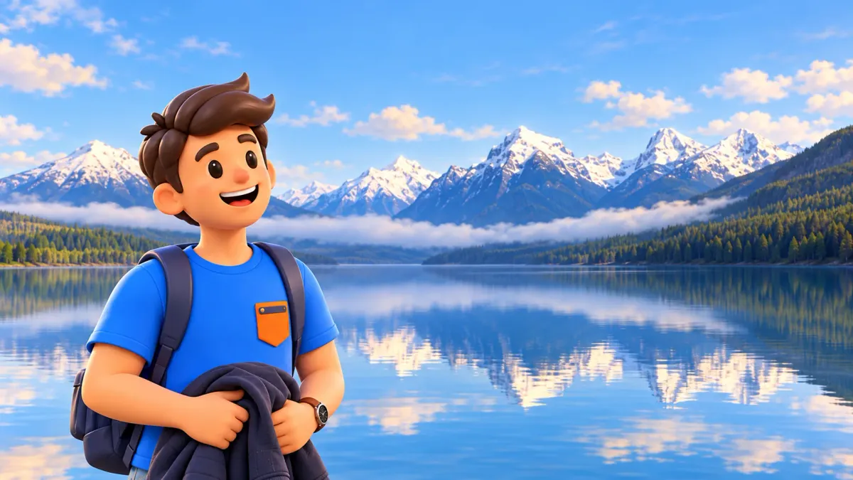 Viajero ante el lago McDonald ilustrado a partir de una foto del NPS