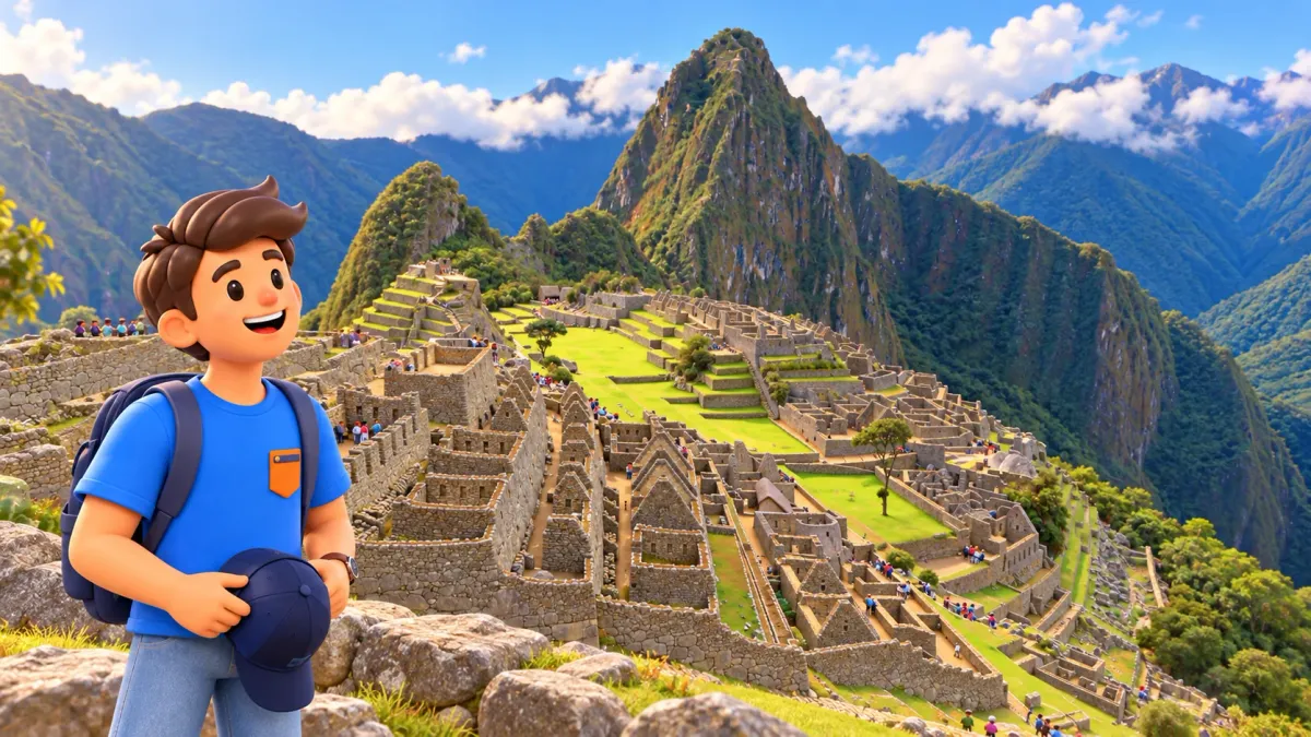 Traveller before Machu Picchu illustrated from a real photograph