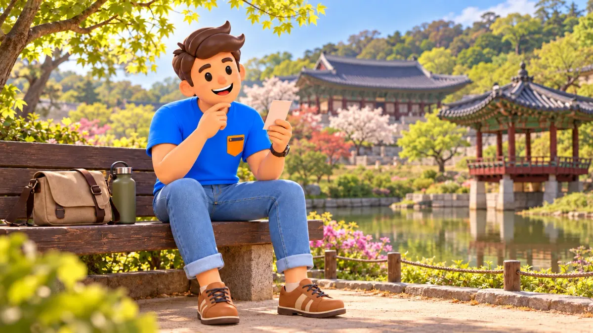 Figur mit Ticket auf einer Bank am königlichen Garten, Illustration
