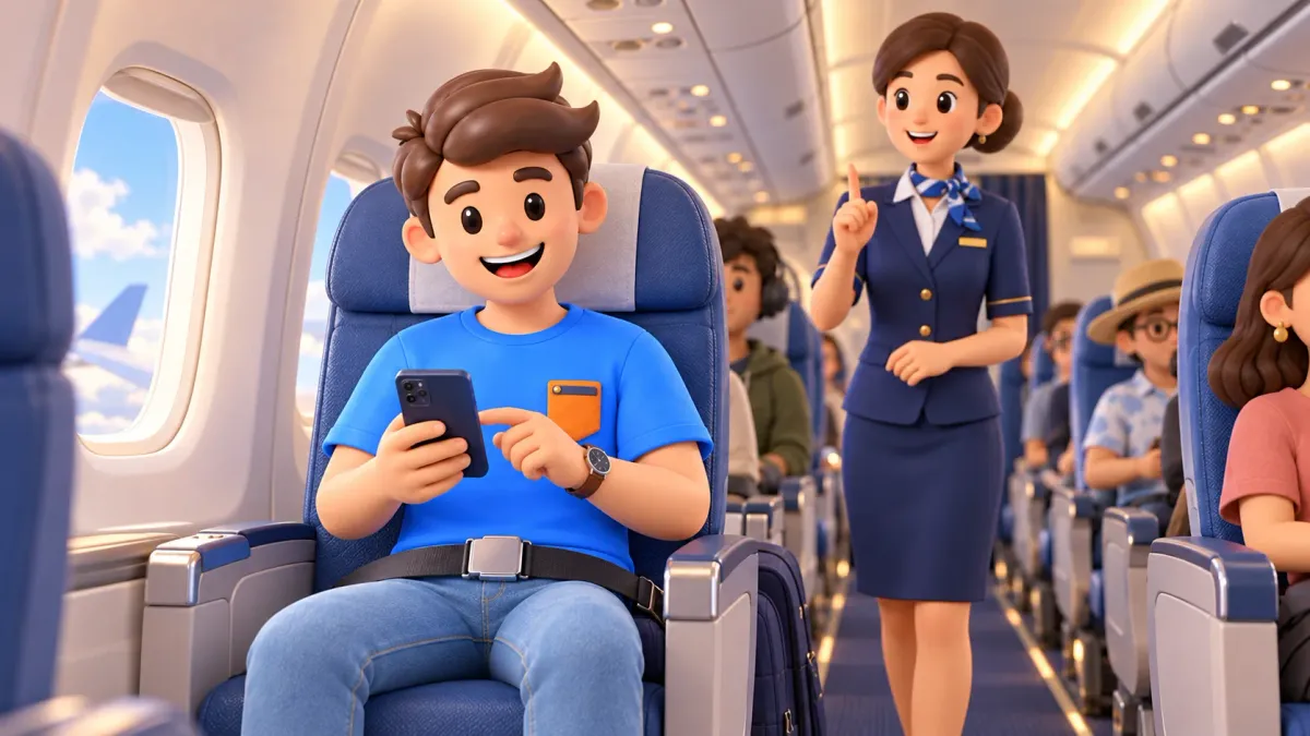 Un viajero prepara el teléfono en el avión mientras escucha a la tripulación de cabina