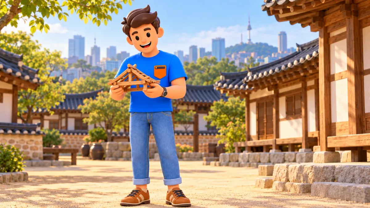 Traveller with a wooden roof model in a hanok courtyard