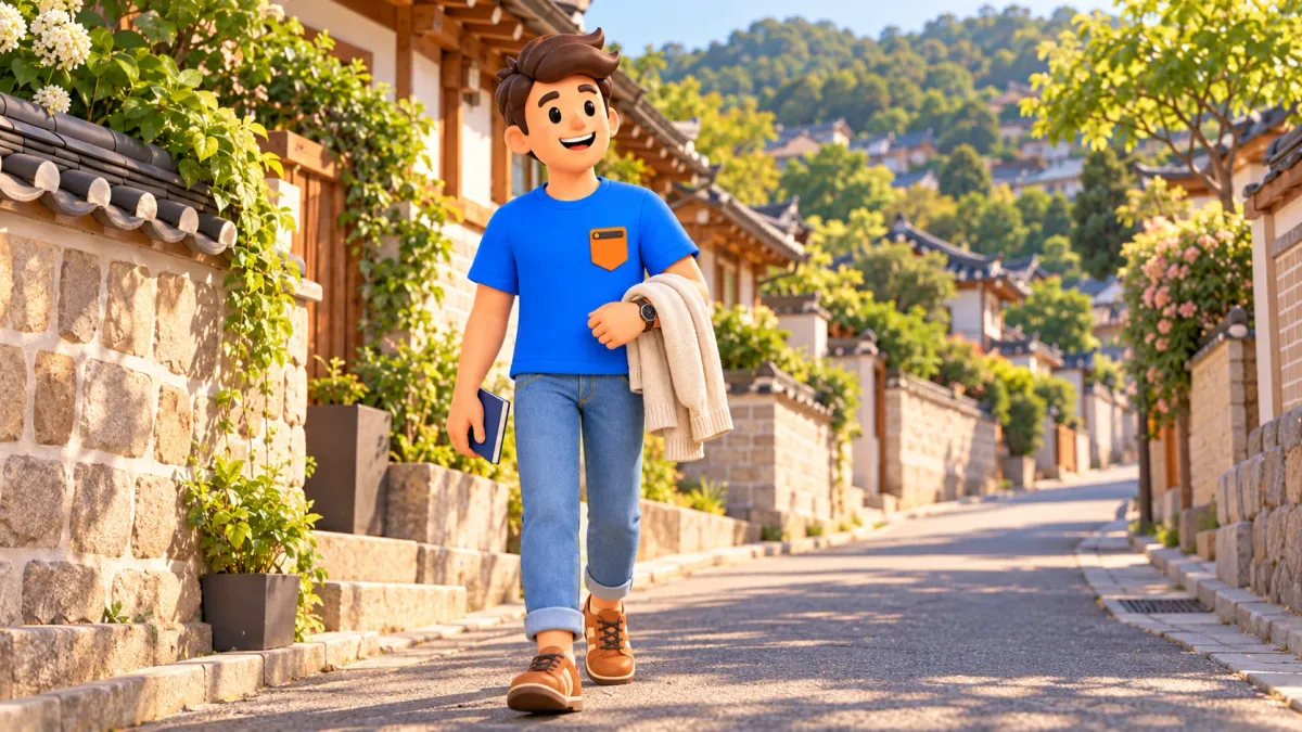 Viajero con un libro por una calle tranquila de hanok