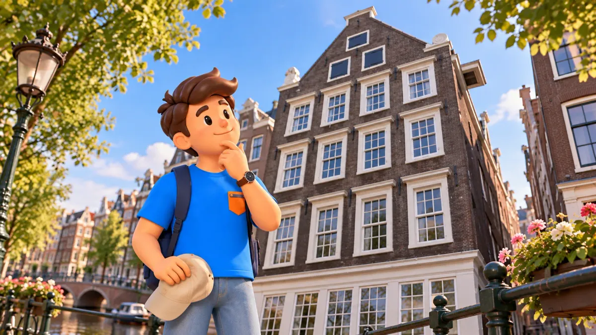 Von der Fassade des Museums Ons’ Lieve Heer op Solder inspirierte Illustration eines Reisenden mit Kappe und Blick nach oben