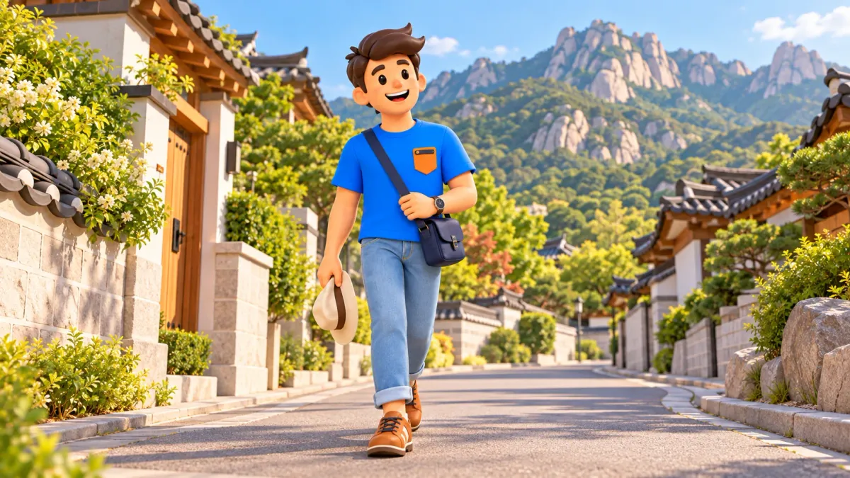 Viajero con sombrero y bolso en una calle de hanok modernos junto a montañas