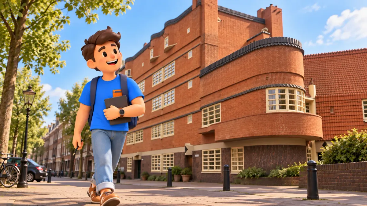 Illustration inspired by Het Schip architecture, with a traveller holding a portfolio beside a rounded brick corner and windows