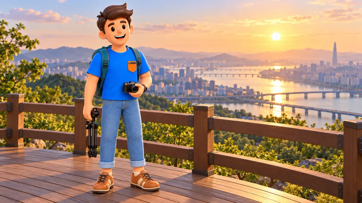 Viajero con cámara en un mirador matinal sobre el Han