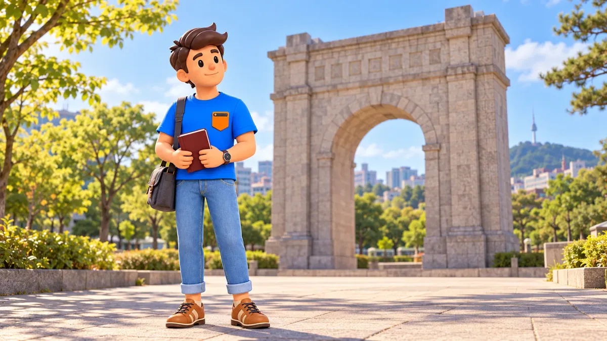 Viajero con cuaderno junto a un arco de independencia imaginario
