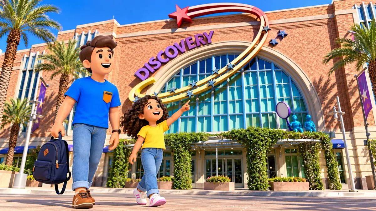 Viajero y niña ante la fachada de DISCOVERY Children’s Museum en Las Vegas
