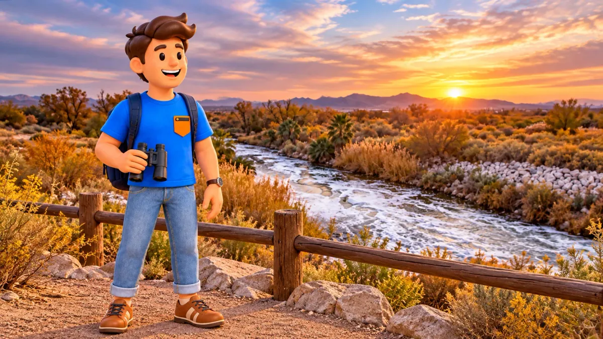 Viajero con binoculares ante el paisaje de Las Vegas Wash al amanecer
