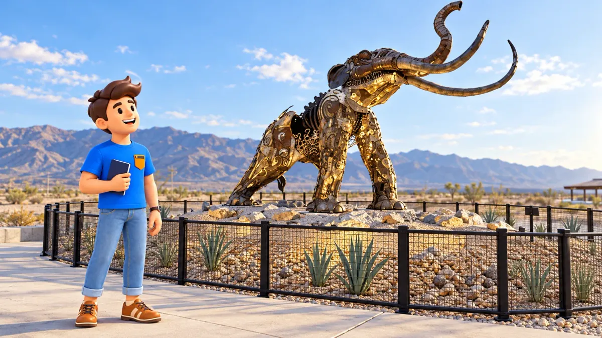 Viajero observando la escultura metálica Monumental Mammoth desde fuera de la valla