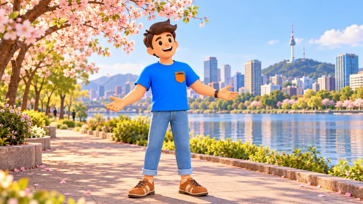 Traveller admiring spring blossom beside urban water