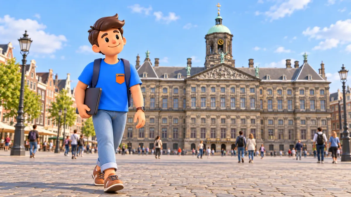 Ilustración inspirada en la plaza Dam, con un viajero y una funda de portátil cerrada ante la fachada del Palacio Real