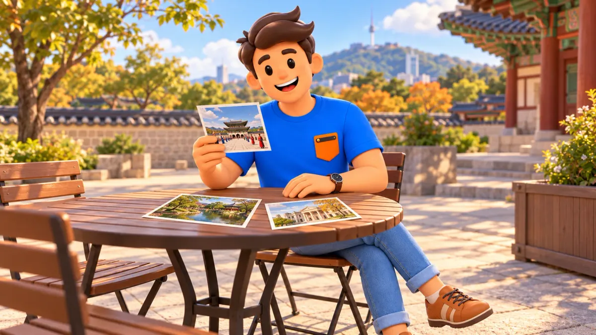 Traveller choosing a palace using postcards of different architectural scenes