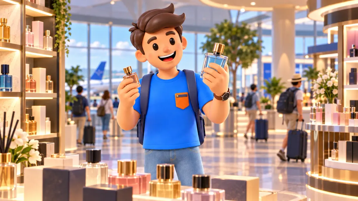 Un viajero compara dos tamaños de botella en una tienda del aeropuerto