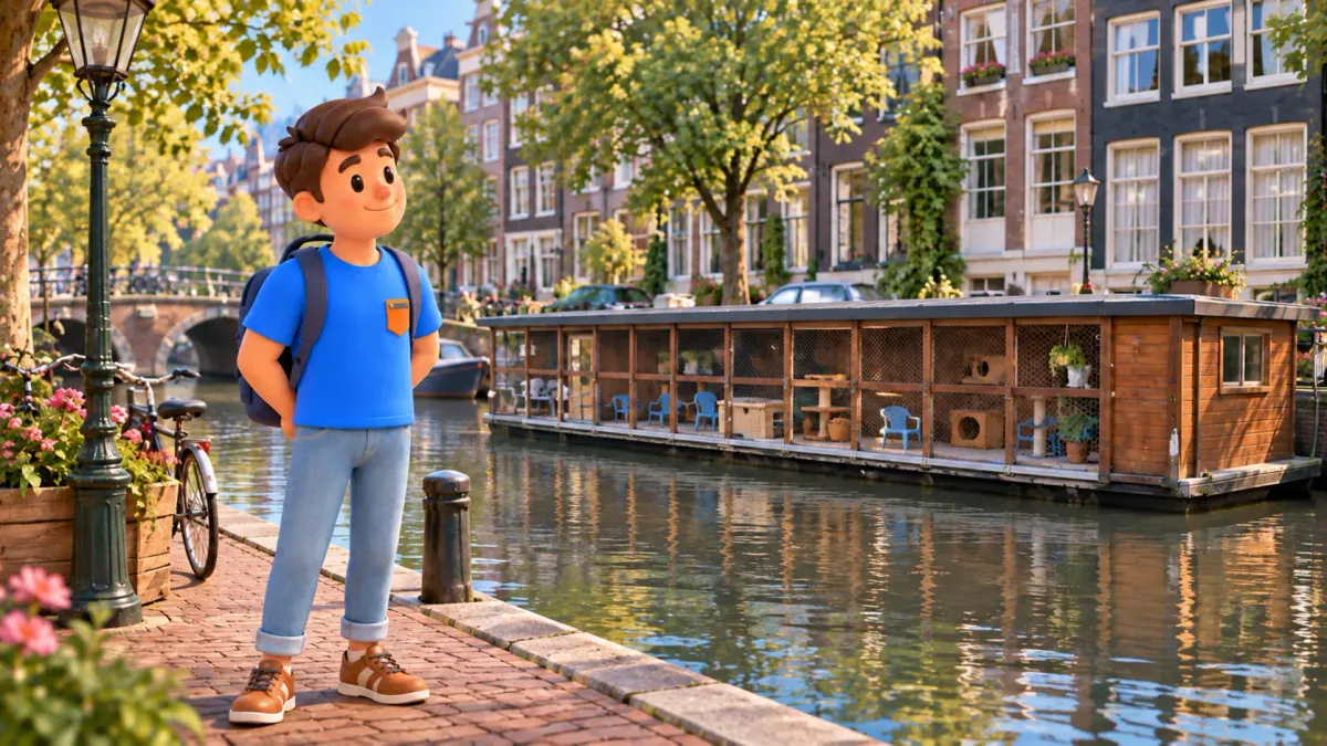 Illustration thématique d’un refuge flottant pour chats, avec un voyageur observant le bateau depuis un quai public d’Amsterdam