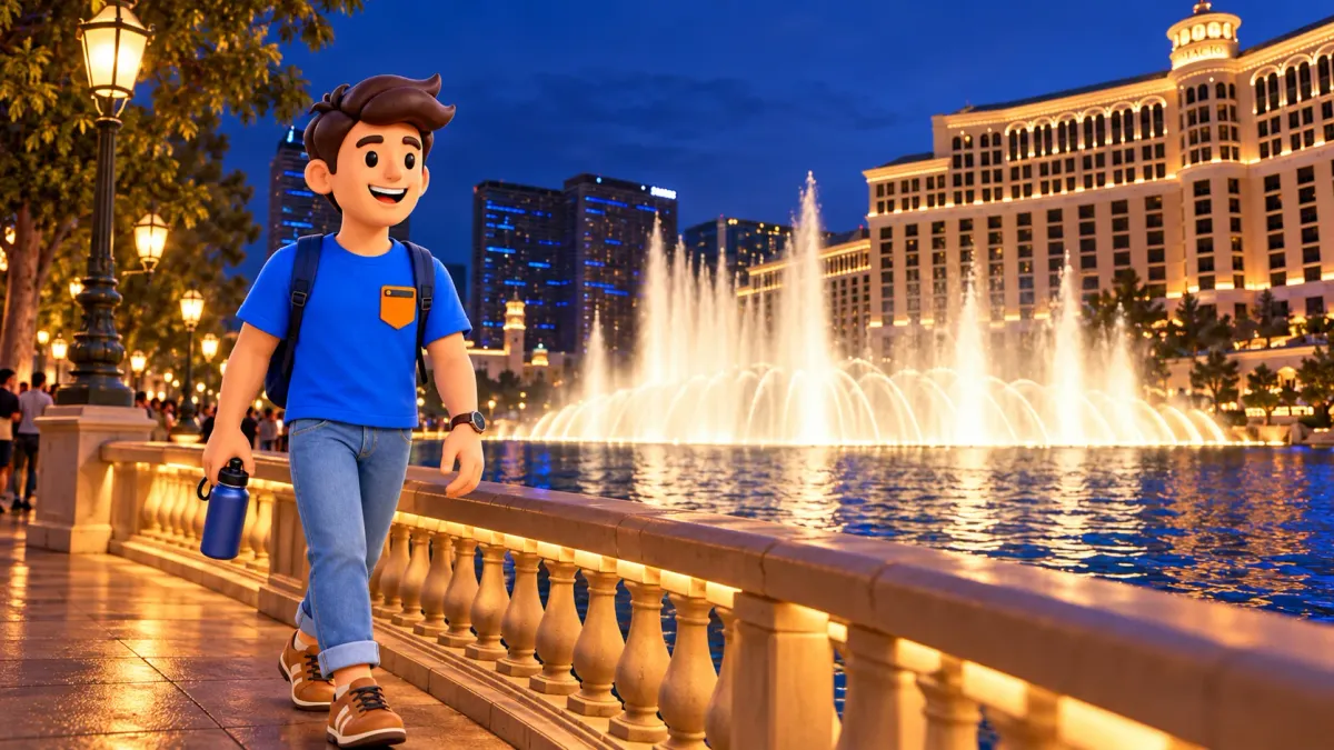 Traveler with a water bottle walking by the Bellagio fountains