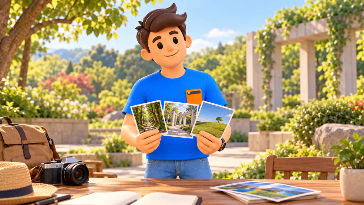 Viajero comparando tres imágenes de parques