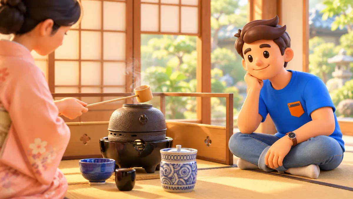 A traveller observing tea preparation with an iron kettle and bamboo ladle