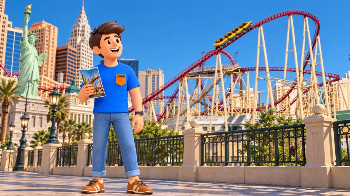 Иллюстрация путешественника на фоне Big Apple Coaster у New York-New York