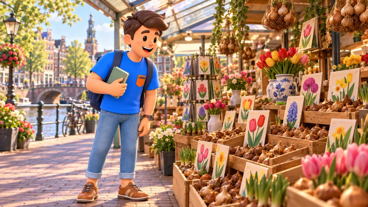 Thematic flower-market illustration with a traveller looking at bulbs and flower images beside a covered trading pavilion