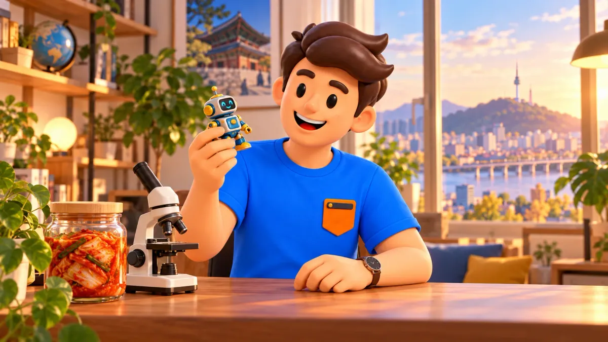 Traveller comparing museum themes with microscope, kimchi and his own toy figure