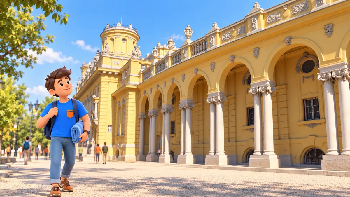 Un viajero junto a la columnata amarilla de los baños Széchenyi